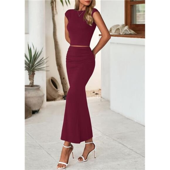 Skirt Sets Women 2 Piece Outfits Burgundy - Picture 4 of 6